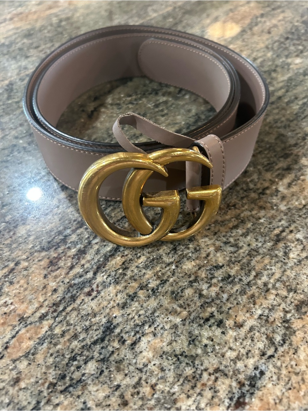 Gucci Double G Belt in Taupe Leather with Gold Buckle